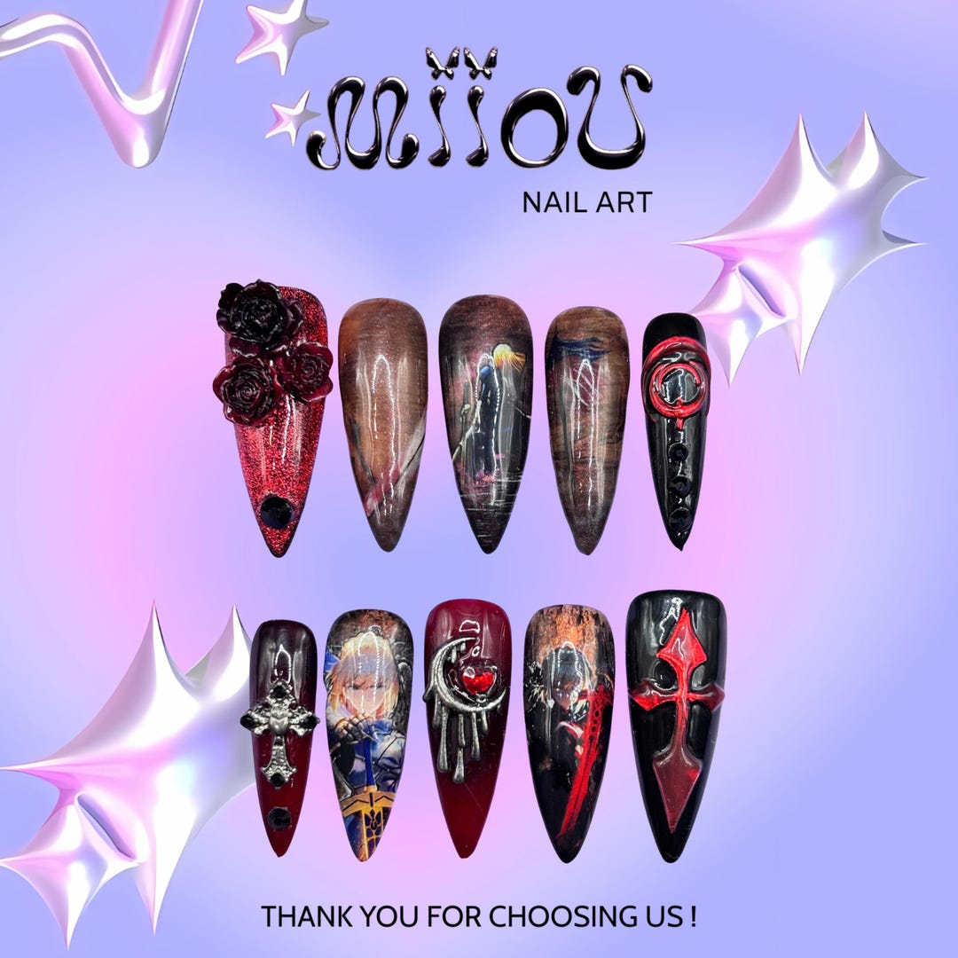 Anime Saber 3D Nails, Black Rose 3D Stiletto, Fate Japanese Nail Art ...