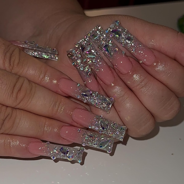 Luxury 3D Rhinestone Clear Tip Press On Nails | Bling Crystal Ombre XL Square Fake Nails | Prom, Birthday and Party Nail Art