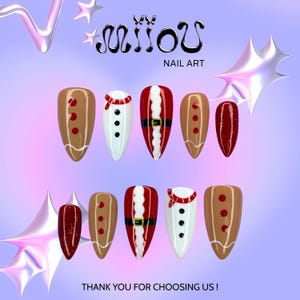 Christmas Press On Nails with Santa Claus Outfit Design, Red & Gold Glitter Nail Art, Cute Handmade Holiday Gift for Christmas