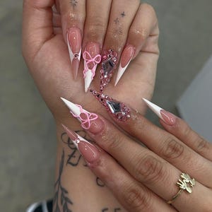 Elegant French Tip Press On Nails | Long Stiletto White Baby Pink Nails | Bow Rhinestone Nail Art | Feminine Luxury Press Ons image 1