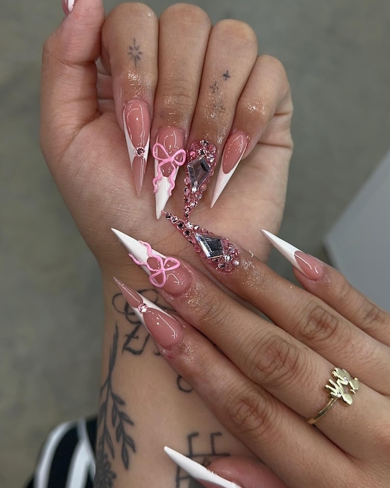 Elegant French Tip Press On Nails | Long Stiletto White Baby Pink Nails | Bow Rhinestone Nail Art | Feminine Luxury Press Ons