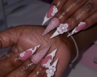 Elegant Orchid Press On Nails | White French Tip Stiletto Nails | 3D Floral Accent | Pink White Handmade Press Ons