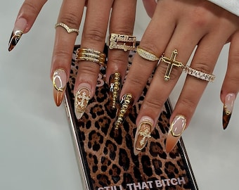 Gold Cross Gothic Long Stiletto Nails | Gothic Gold & Deep Burgundy Nail Art | Handmade Stiletto Nails | Elegant Fake Nails