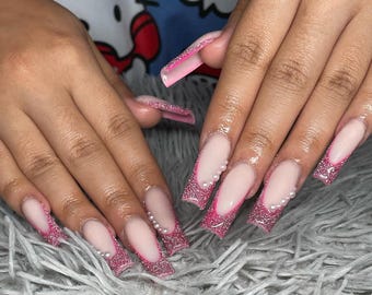 Pink Snowflake Christmas Press On Nails | French Tip Winter Nails | Elegant Holiday Nail Art | Festive Glam Set