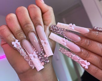 Pink XL Square Press On Nails | Rhinestone Bow Nails | Knitted Texture Nail Art | Feminine Statement Press Ons