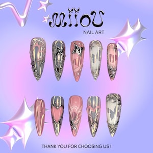 Y2K Butterfly & Heart Press-On Nails, Handmade Pink Chrome Nails with Embedded Butterflie, Cute Feminine Nail Gift for Her, Soft Girly Style