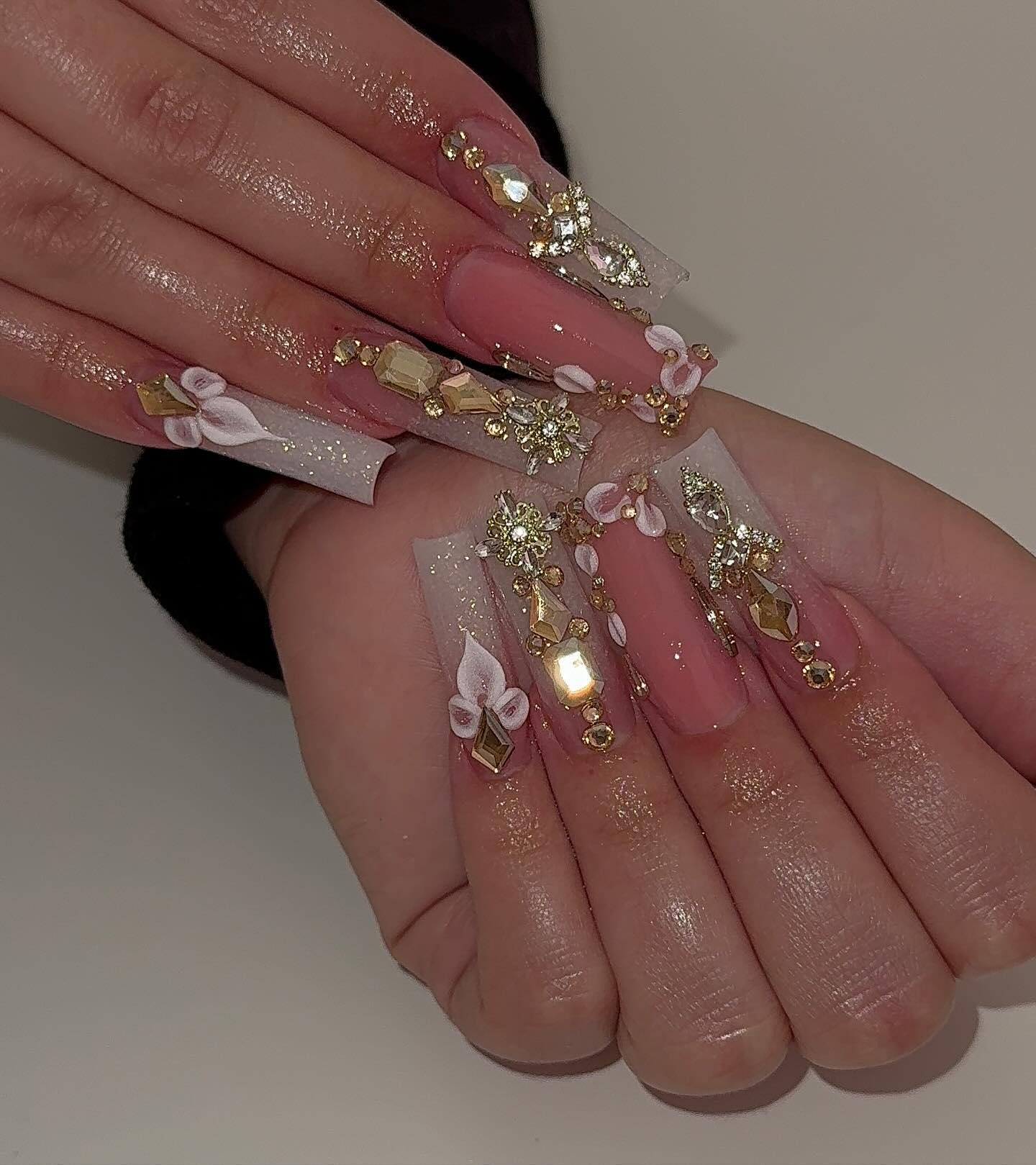 Hand-Painted 3D Flower Luxury Pink and White XL Square Press On Nails Gold Crystal Bling Bridal Nails Handmade Prom & Wedding Nail Art