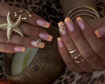 Orange Floral Press On Nails, Medium Suqare | Elegant False Nails | Cute Nails | Kawaii Nails | Birthday Nails | Medium Square Nails
