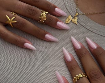 Baby Pink Press On Nails: Hand Painted Gel Faux | Long Stiletto Nail Art | Baby Pink Ombre Cute Nails | Elegant Nails | Gel Nails