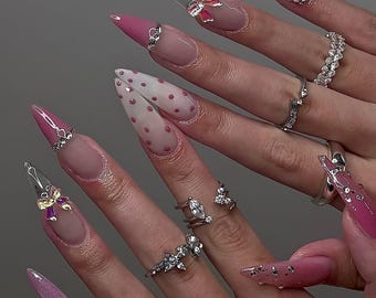 Cute Elegant Press On Nails | Long Stiletto Pink Purple Clear Nails | Polka Dot Rhinestone Bow Nail Art | Editorial Press Ons