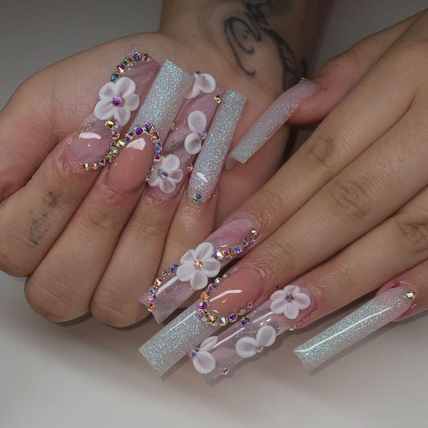 Handmade 3D White Flower & Silver Glitter XL Square Press On Nails | Luxury Bridal Rhinestone Fake Nails for Wedding, Party, and Glam Events