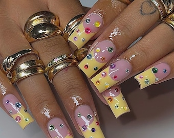 Colorful 3D French Tip Press On Nails | Hand Painted Spring Nails | Rainbow Rhinestone Acrylic | Boho Chic Set | Nail Gems For Spring Party