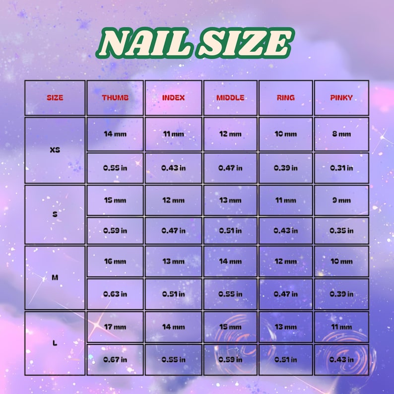 May include: A chart titled "NAIL SIZE" with measurements for nail sizes. The chart includes sizes XS, S, M, and L, with corresponding thumb, index, middle, ring, and pinky measurements in inches and millimeters.