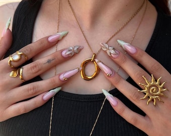 Enchanted Floral Press On Nails | Luxury 3D White Floral Nail Art | Green Coffin Nails | Elegant Wedding Nails