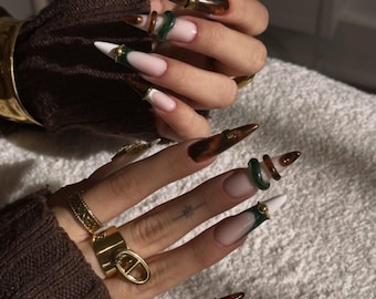 Luxe Brown & Gold Press On Nails | 3D Ring Accent Nail Art | Statement Jewelry Inspired Fake Nails | 3D Stack Ring Press Ons