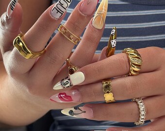 Colorful Vogue Press On Nails | Medium Stiletto Statement Nails | Music Note & Lip Nail Art | Bold Fashion Press Ons