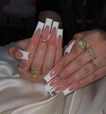 Long Square White French Tip Press On Nails | Rhinestone Accent & Custom Letter Clean Girls Glam Handmade Fake Nails | Basic Nails For Day product logo