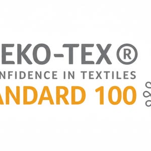 May include: The OEKO-TEX Standard 100 logo features the gray text OEKO-TEX with a registered trademark symbol, the gray text CONFIDENCE IN TEXTILES, the orange text STANDARD 100, and a gray circular floral icon with an orange globe center.