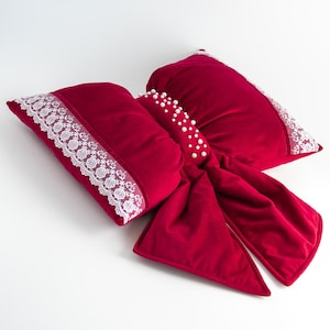 Velvet Bow Pillow Christmas Pillow Throw Decorative Boho Pillow Handemade Home Decor Gift for Home Interior Design