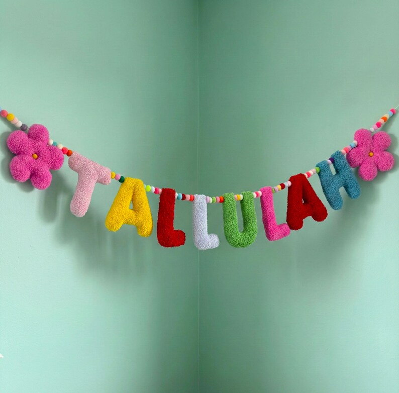 Fabric Name Banner Nursery Personalised Bunting Felt Pom Pom Garland Fabric Letters Baby Play Room Decor Toddler Girl Bedroom