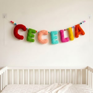 May include: A colorful felt letter garland spelling the name CECELIA, featuring plush, textured letters in red, green, peach, turquoise, pink, yellow, and orange, strung together with a line of small, multi-colored felt pom-poms.