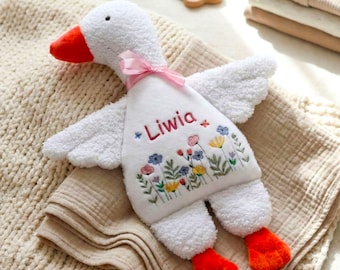 Personalized Goose Plush with Custom Name and Floral Embroidery | Vintage Nursery Decor for Girl
