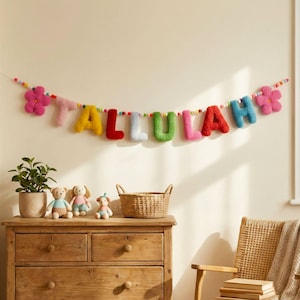 Fabric Name Banner Nursery Personalised Bunting Felt Pom Pom Garland Fabric Letters Baby Play Room Decor Toddler Girl Bedroom