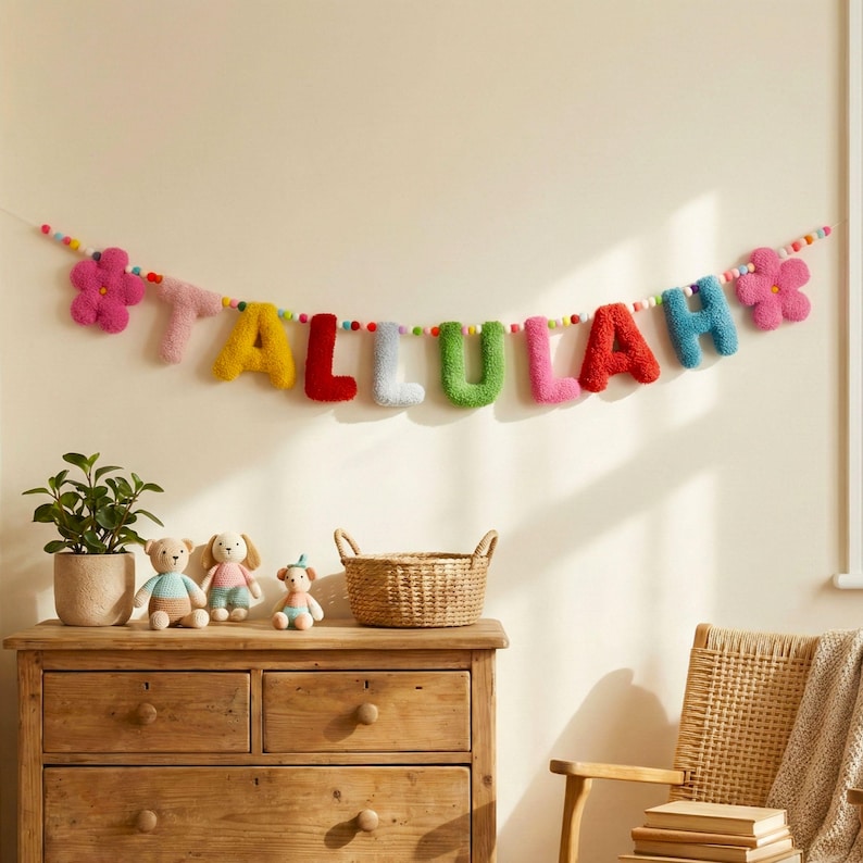 Fabric Name Banner Nursery Personalised Bunting Felt Pom Pom Garland Fabric Letters Baby Play Room Decor Toddler Girl Bedroom