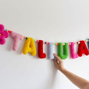 Fabric Name Banner Nursery Personalised Bunting Felt Pom Pom Garland Fabric Letters Baby Play Room Decor Toddler Girl Bedroom