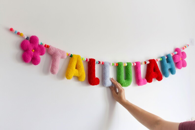 Fabric Name Banner Nursery Personalised Bunting Felt Pom Pom Garland Fabric Letters Baby Play Room Decor Toddler Girl Bedroom