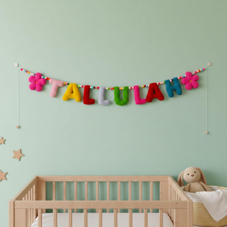 Fabric Name Banner Nursery Personalised Bunting Felt Pom Pom Garland Fabric Letters Baby Play Room Decor Toddler Girl Bedroom