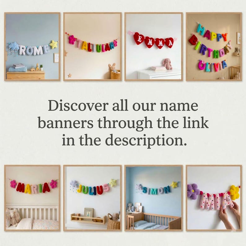 May include: A collection of eight felt letter banners featuring various names and phrases like ROME, TALIULAH, EMMA, HAPPY BIRTHDAY OLIVIA, MARIA, JULIUS, SIMON, and MIA, decorated with colorful shapes like stars, clouds, and flowers.