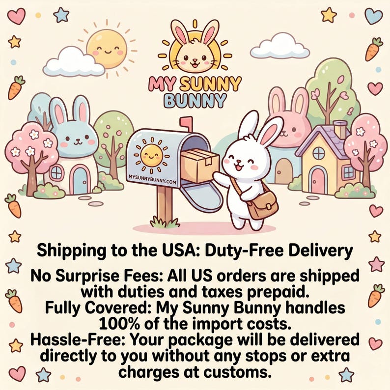 May include: A cartoon illustration featuring the text My Sunny Bunny above a mailbox with a sun icon and a brown package. A white rabbit with a brown satchel stands next to the mailbox in a landscape with trees, houses, and clouds.