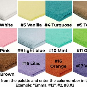May include: A color palette chart displaying eighteen folded fabric swatches in various shades including yellow, white, vanilla, turquoise, toffee, salmon, red, pink, light blue, mint, green, fuchsia, navy blue, brown, lilac, orange, violet, and dusty pink.