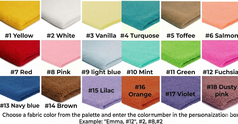 May include: A color palette chart displaying eighteen folded fabric swatches in various shades including yellow, white, vanilla, turquoise, toffee, salmon, red, pink, light blue, mint, green, fuchsia, navy blue, brown, lilac, orange, violet, and dusty pink.