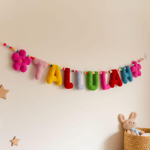 Fabric Name Banner Nursery Personalised Bunting Felt Pom Pom Garland Fabric Letters Baby Play Room Decor Toddler Girl Bedroom
