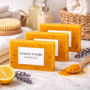 May include: Three rectangular turmeric and kojic brightening soaps with white labels. The soaps are a vibrant yellow-orange color, with visible flecks. A wooden spoon holds turmeric powder, and a halved lemon and lavender sprigs are also present.
