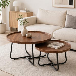 Modern Round Nesting Coffee Table Set, Minimalist Wood Metal Sofa Side Table, Scandinavian Living Room Furniture Accent Piece