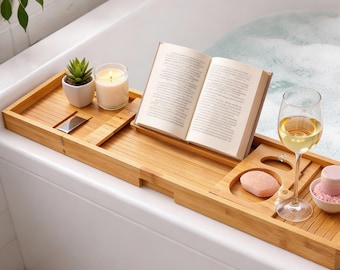 Bandeja de bambú ajustable para bañera, estante retráctil de madera, organizador de vino