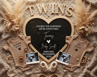 Ogłoszenie o ciąży bliźniaczej w stylu boho | Szablon Canva bez podziału na płeć (do pobrania cyfrowego)