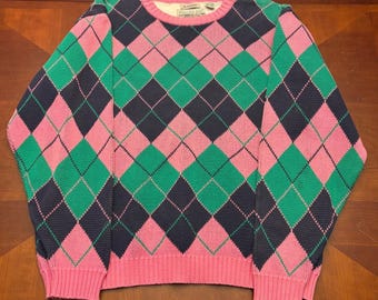 Vintage / Borsa Oxford Scotland Yard / XL / Maglione in maglia di cotone a rombi rosa e verde