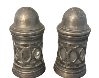 Juego de salero y pimentero vintage italiano de peltre y vidrio, fabricado en Italia, 8,9 cm (3,5 pulgadas)