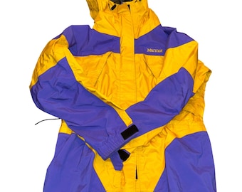Vintage Marmot Gore Tex dames M geel/paars wandeljack met capuchon, waterdicht