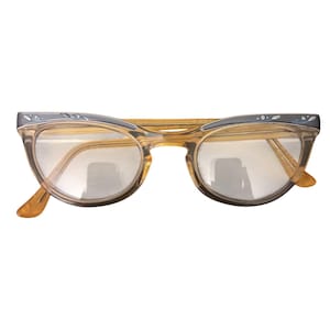 Montura vintage Shuron Cat Eye 5 1/4 US, aluminio gris, diamantes de imitación ámbar, años 50