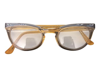 Vintage Shuron Cat Eye FRAMES 5 1/4 US Grey Aluminum Brow Rhinestone Amber 50s