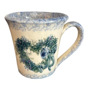 G Miller Studio Pottery Mug | Blue Sponge Heart Wreath | Signed Stoneware