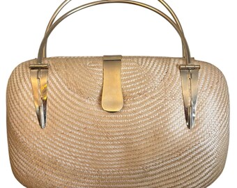 Vintage | Hardcase handtas van geweven stro | Metalen handvat met dubbele ring | Blauwe voering