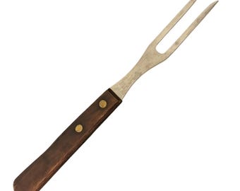 Tenedor de trinchar de madera de acero inoxidable de estilo vintage con dos puntas, mango de madera, fabricado en Japón, 23,5 cm (9,25 pulgadas).