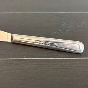 May include: Close-up of a stainless steel butter knife. The handle has a decorative design and a rounded end. The blade is visible with the text "STAINLESS USA".