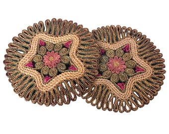 Vintage MCM Woven Straw Trivets Retro Set of 2 Star Floral Boho 7.5"